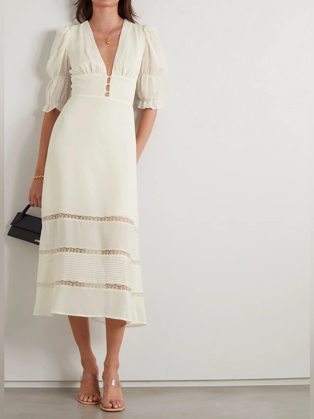 Reformation NWT Ginny White Midi Dress Size 4 with V-Neck and Puff Sleeves